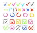 Check marks color vector illustrations set. Cross and arrow isolated design elements pack. Agree and disagree symbols Royalty Free Stock Photo