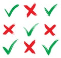 Check marks icons. accept and reject. Isolated on white background. Vector Illustration. Tick and cross brush signs. Royalty Free Stock Photo