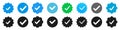 Check marks set icons, account verification icon, checkmark Instagram, Facebook, Twitter, Tiktok, Telegram, Whatsapp, Viber, Royalty Free Stock Photo