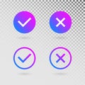 Check marks set in modern gradient colors. Bright tick and cross in circle shapes. Concept of checklist, reject or accept symbol.