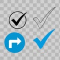 Check marks and turn right sign on transparent background. Royalty Free Stock Photo