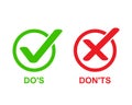 check marks ui button with dos and donts. flat simple style trend modern red and green checkmark. Royalty Free Stock Photo