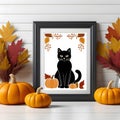 Check out this adorable frame portrait mockup featuring a cute cartoon cat with a Thanksgiving scene in the background! Royalty Free Stock Photo