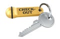 Check Out concept with key and tag. 3D rendering Royalty Free Stock Photo