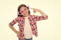 Check out my style. Kid happy lovely wears cute glasses accessory. Child charming smile isolated white background. Girl