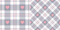 Check pattern with hearts for Valentines Day print. Seamless tartan plaid in grey, pink, white for flannel shirt, skirt, blanket.