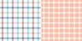 Check pattern set in grey, blue green, coral pink, white. Seamless windowpane tartan plaid for shirt, dress, skirt, handkerchief. Royalty Free Stock Photo