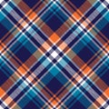 Check plaid pattern for autumn winter in navy blue, orange, white. Seamless diagonal herringbone large tartan for flannel shirt. Royalty Free Stock Photo