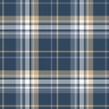 Check plaid pattern in blue, gold, white. Herringbone textured seamless tartan illustration vector for flannel shirt, scarf. Royalty Free Stock Photo