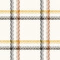 Check plaid pattern in cognac brown, gold mustard yellow, beige. Seamless stitched double line windowpane tartan for scarf, shirt.