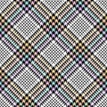 Check plaid pattern glen in black, pastel purple, green, yellow, white. Seamless multicolored tweed check dog tooth graphic.