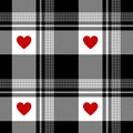 Check plaid pattern with hearts for Valentines Day in black, red, white. Seamless buffalo check vector for flannel shirt. Royalty Free Stock Photo