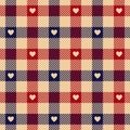 Check plaid pattern with hearts for Valentines Day prints in navy blue, red, beige. Seamless herringbone tartan vichy gingham. Royalty Free Stock Photo