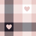 Check plaid pattern with hearts for Valentines Day. Seamless buffalo check tartan in black, powder pink, white for flannel shirt.