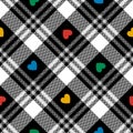 Check plaid pattern with hearts for Valentines Day. Seamless tartan in black, red, blue, green, yellow, white for flannel shirt.