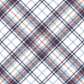 Check plaid pattern in navy blue, orange, white. Seamless herringbone diagonal large tartan for flannel shirt, scarf, blanket. Royalty Free Stock Photo