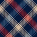 Check plaid pattern in navy blue, red, beige. Seamless buffalo check tartan asymmetric large diagonal vector for flannel shirt. Royalty Free Stock Photo