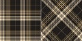 Check plaid pattern print in gold, black, beige. Seamless dark brown Scottish tartan illustration set for flannel shirt, blanket. Royalty Free Stock Photo