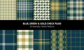 Check plaid pattern set for autumn winter in blue, green, gold, off white. Seamless dark tartan plaid vector for flannel shirt. Royalty Free Stock Photo