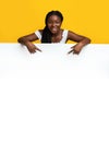 Check This. Positive Black Lady Pointing Down At Blank White Advertisement Board