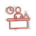 Check in reception icon in comic style. Booking service cartoon vector illustration on white isolated background. Hotel