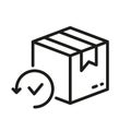 Check and Return Parcel Linear Pictogram. Shipping Order Package Outline Symbol. Delivery Box with Arrow and Checkmark