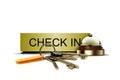 Check In Sign with Call Bell and Bunch of Keys Royalty Free Stock Photo