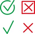 Check tick mark icon set, hand drawn doodle red cross box and green check mark. Royalty Free Stock Photo