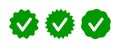 Check tick mark on wavy edge green circle sticker. Star burst shape tag with approved icon. Premium official account