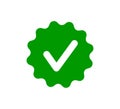 Check tick mark on wavy edge green circle sticker. Star burst shape tag with approved icon. Premium official account