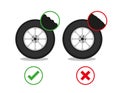 Check tire thread depth flat illustration. Auto tire change service. Good and worn tire. Control car wheel condition. Simple flat