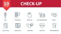 Check Up icon set. Collection contain vital sign, electrocardiogram, x-ray, ultrasound, dental and over icons. Check Up Royalty Free Stock Photo