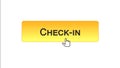 Check-in web interface button clicked with mouse cursor, orange color, airport