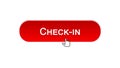 Check-in web interface button clicked with mouse cursor, red color, airport