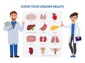 Check your internal organs health poster including two doctors cartoon characters and organs icon set. Vector