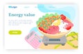 Check your meal on scales. Healthy food, calories diet. Vector web site design template. Landing page website concept