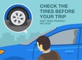 Check your the tires before moving off from a stationary position. Keep tires inflated. Close-up of male driver looking tire.