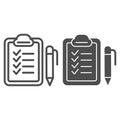 Checkboard and pen line and glyph icon. Checklist with pen vector illustration isolated on white. Note outline style