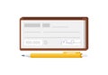 Checkbook bank cheque page with fields for filling signature with pen icon isometric vector Royalty Free Stock Photo