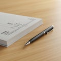 A checkbook and a black pen rest on a light wooden surface. The checkbook features Royalty Free Stock Photo