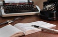 checkbook, retro typewriter, old telephone, ink pen. lettering in french - received from mr. for Royalty Free Stock Photo