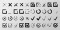 Checkbox. Check signs V X. Chalk and brush checkmarks set. Vector set