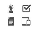Checkbox, Education and File icons. Mobile devices sign. Approved tick, Human idea, Paper page.