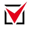 Checkbox icon, red tick symbol in a black square isolated on a white background
