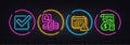 Checkbox, Inspect and Notification minimal line icons. For web application, printing. Neon laser 3d lights. Vector