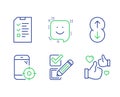 Checkbox, Scroll down and Smile icons set. Interview, Seo phone and Like signs. Vector