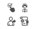 Checkbox, Shipping support and Refer friend icons. Settings blueprint sign. Approved, Delivery manager, Share. Vector