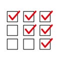 Checkboxes vector icons. Red check marks. Black outline squares. Simple checklist design.