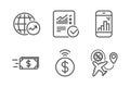 Checked calculation, Money transfer and World statistics icons set. Vector