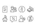Checked file, Find user and Discount message icons. Teamwork, Atm money and Human resources signs.